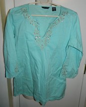 NEW YORK &amp; Co. Light Blue Sequined Kurta Peasant Blouse Tunic Size S - £12.11 GBP