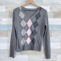 Apt 9 Cashmere Argyle Sweater Gray Pink V Neck Soft Knit Casual Womens M... - £31.10 GBP