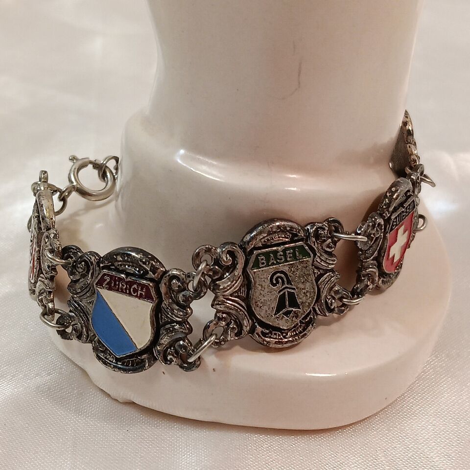 Primary image for Vintage Silver Tone Souvenir Bracelet Crests/ Coats of Arms of Switzerland 7.5"