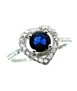 Heart Ring 925 Sterling Silver Royal Blue CZ Halo Womens Size 6 7 8 - £17.29 GBP
