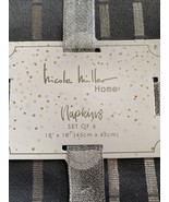 Set of 6 Nicole Miller Home Gray  Cotton Dinner Napkins Metallic Stripe - £17.30 GBP
