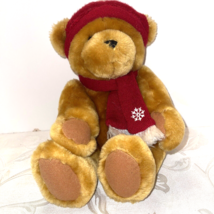 Stuffed Plush Animal Teddy Bear Tan /Red Knitted Hat and Scarf Kids Collectors - £11.62 GBP