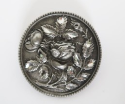 Vintage round silver tone cut metal rose floral brooch - £15.79 GBP