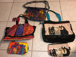 3 Laurel Burch Cat Theme Canvas Zipper Double Handle Tote Shoulder Bags - £35.56 GBP