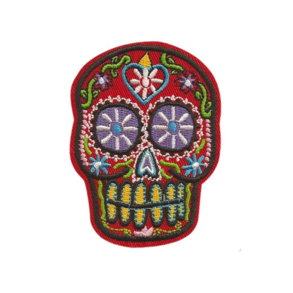 SUGAR SKULL IRON ON PATCH 3.2&quot; Embroidered Applique Red Day of the Dead ... - $3.95
