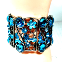 Vintage AWESOME Silver Color &amp; Turquoise Rhinestones 1 &amp;1/2&quot; wide Cuff B... - £19.81 GBP