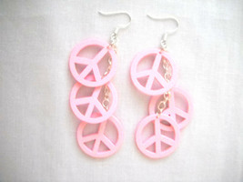 Pastel Pink 3 Tier Wooden Peace Sign Dangling On Chain Hook Fashion Earrings - £9.43 GBP