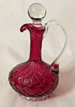 Vintage Hand Blown Cranberry Glass Cruet Applied Handle Original Stopper - £15.67 GBP