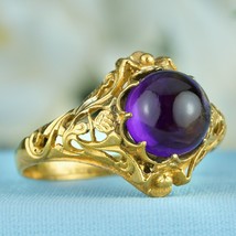 Natural Cabochon Amethyst Vintage Style Filigree Ring in Solid 9K Yellow Gold - £519.48 GBP