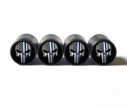 Punisher Police Blue Line Valve Stem Caps - Black, Aluminum - Set of Four - £12.34 GBP