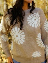 Perfee Flower Round Neck Long Sleeve Sweater - £32.24 GBP