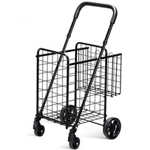 Folding Shopping Cart Basket Rolling Trolley with Adjustable Handle-Black - £62.96 GBP
