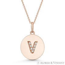 Initial Letter &quot;V&quot; CZ Crystal 14k Rose Gold 18x12mm Round Disc Necklace Pendant - $152.45+