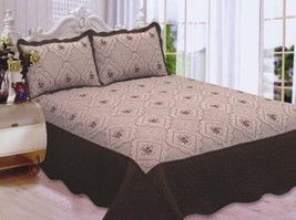 ANNA FLOWERS EMBROIDERED COFFEE &amp; TAUPE BEDSPREAD COVERLET SET 3 PCS QUEEN - £38.93 GBP