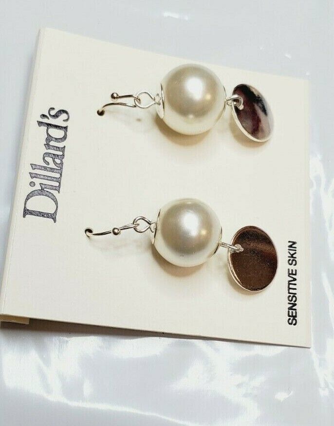 Dillard's Silver Tone French Wire Earrings Silver Dangle Pearl With Disc New Item image 2