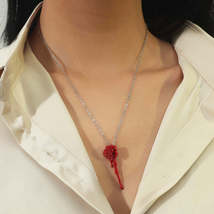 Red Enamel &amp; Silver-Plated Rose Pendant Necklace - £10.35 GBP