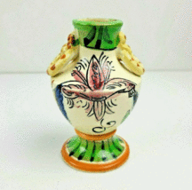 Ceramic Vase Vintage Japan Footed Base Ring Handles Handpainted Italian Style 5&quot; - £11.98 GBP