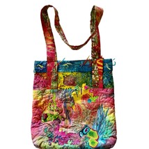 Artsy Aquatic Print Tie Dye Artisan Made Tote Bag With Colorful Yarn Fringe - £19.89 GBP