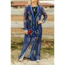 Denim Blue Western Duster | Sheer Mesh Button-Down Horseshoe &amp; Rose Prin... - $48.51