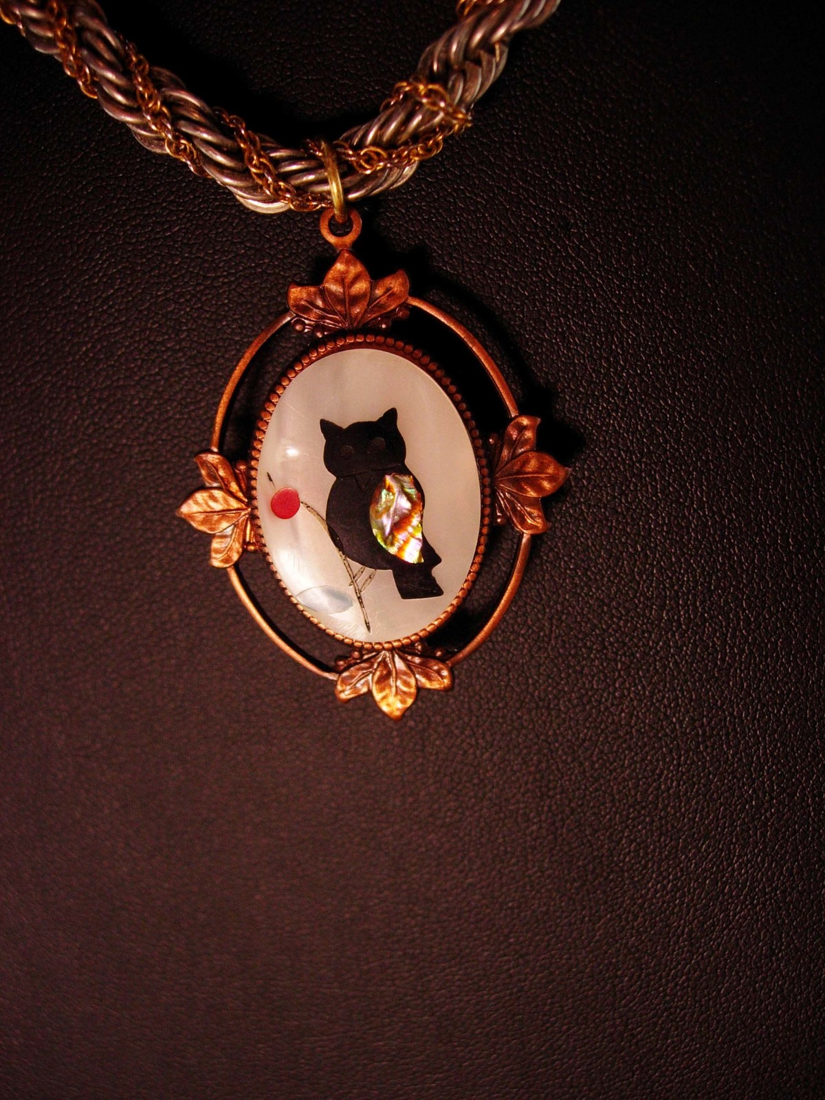 Primary image for Pietra Dura owl necklace / vintage mosaic bird / Mother of pearl - Figural costu
