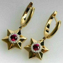 2Ct Round Cut Pink Ruby Halo Drop Dangle Women&#39;s Earring 14K Yellow Gold Finish - £89.91 GBP