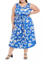 NEW ANNE KLEIN BLUE WHITE FLORAL  COTTON BELTED MIDI DRESS SIZE 0X WOMEN... - £82.57 GBP