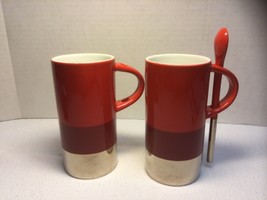 Two Starbucks Ceramic Coffee Cups with One Spoon 2 Shades of red and Silver 8 oz - £14.67 GBP