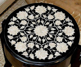 Round Black Marble Coffee Table Top Mother of Pearl Inlay Work Indoor Side Table - £234.95 GBP+