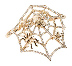 Halloween Spider Web Skull Four Stretch Ring Rhinestone Goldtone - $11.99
