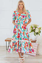 Rose Red Floral Knot Puff Sleeve V Neck Buttoned Front Split Lace Maxi D... - $43.99+