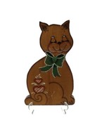 1986 Cutout Wood Puff Cat w Green Bow Hand Made Painted Signed &amp; Dated B... - £23.35 GBP