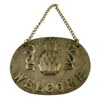Welcome Hanging Sign 3.5&quot; Embossed Pineapple Scroll Solid Brass Decor Patina Vtg - £11.22 GBP