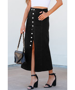 Black Button Fly Side Split High Waist Denim Midi Skirt - $582.19 MXN