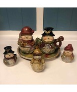Ceramic Tea Pot Sugar and Creamer Salt and Peppe Snowman snow woman 6 Pi... - $69.10 CAD