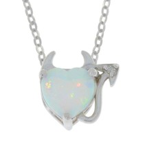 Opal &amp; Simulated Diamond Devil Heart Pendant 18&quot; 14K White Gold Plated Silver - £144.81 GBP