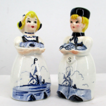 Vintage DELFT style Salt Pepper Shakers Dutch Boy &amp; Girl blue Windmill Design - £12.55 GBP