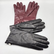 Ladies Leather Gloves Black Rabbit Fur Lined / Red Bow Wool Lined Wrist ... - $38.69