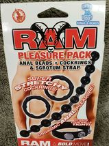 4 Pc Ram Pleasure Pack Black, Anal Beads, Cockrings, Scrotum Strap image 2