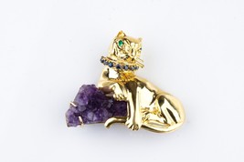 Cat with Geode Amethyst, Sapphire &amp; Emerald 18K Yellow Gold Brooch - $4,573.65
