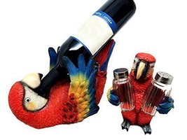 Red Scarlet Macaw Parrot Wine Bottle And Salt Pepper Shakers Holder Figurine Set - £40.72 GBP