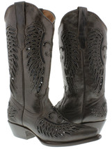 Womens Western Wear Boots Brown Leather Black Sequins Inlay Wings Size 5... - $72.75