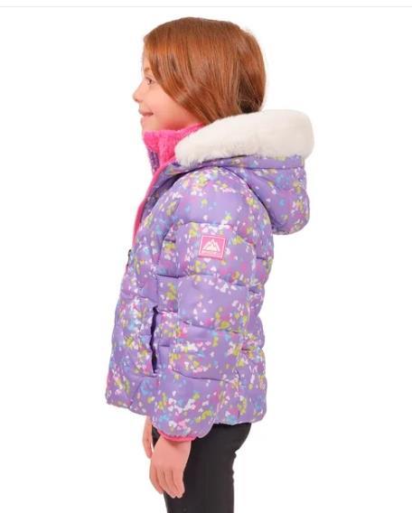 Snozu Boys Girls Jacket Purple Pink Hearts Puffer Hat Pockets Inner Bib Item image 3