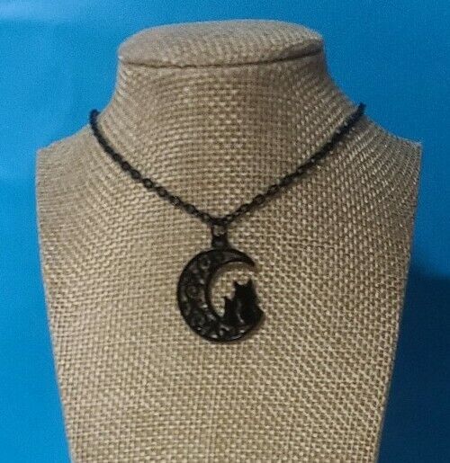 Black Moon Necklace ~ Cat Crescent Moon ~ Black Filigree ~ Alloy ~ 11.5" Long - £17.89 GBP