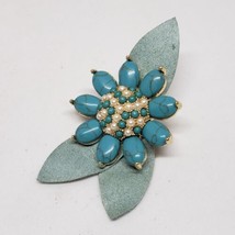 Vintage Monet Suede Flower Brooch Pin Turquoise Blue Faux Pearls Rare - £24.05 GBP