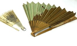 2 Vintage Hand Held Folding Fans (For Parts or Fixable) Wood Paper Antique - £30.38 GBP