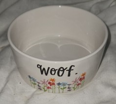 Rae Dunn Artisan Collection Magenta Woof Dog Bowl Ceramic Flowers 6 Inch Puppy - £13.53 GBP