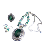 Avon Necklace Earrings and Ring Set Beaded Chain Medallion Turquoise Silvertone - $24.74