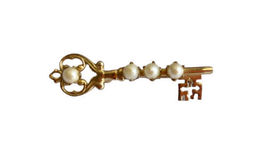 Vintage Gold Tone Heart Lock and Key Bar Pin with Faux Pearls Pin Brooch image 3