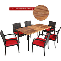 7Pcs Patio Rattan Dining Chair Table Set W/ Cushion Umbrella Hole Red - £730.40 GBP