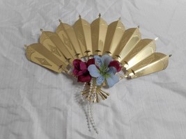 Home Interiors Gold Metal Fan Wall Décor Floral Beads Added Hollywood Regency - £7.81 GBP
